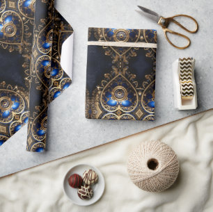 Papel De Presente grande padrão de corações steampunk azuis e dourad