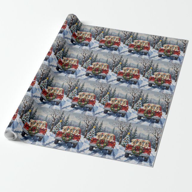 Papel De Presente Grande Pyrenees Natal Caminhão Vermelho Feriado (Desenrolado)