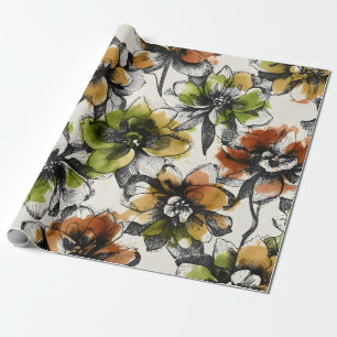 Papel De Presente Grandes Flores Abstratas com Caneta e Tinta e Lava