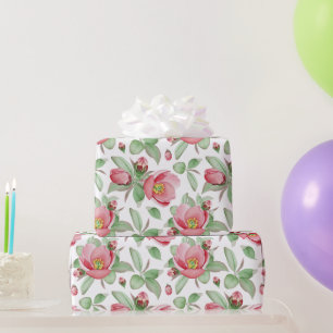 Papel De Presente Grandes Flores de Magnólia Rosa em Branco