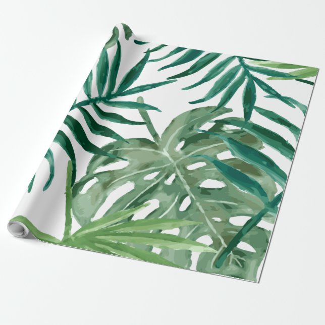 Papel De Presente Grandes Folhas de Monstera e Palmeira Tropicais (Desenrolado)