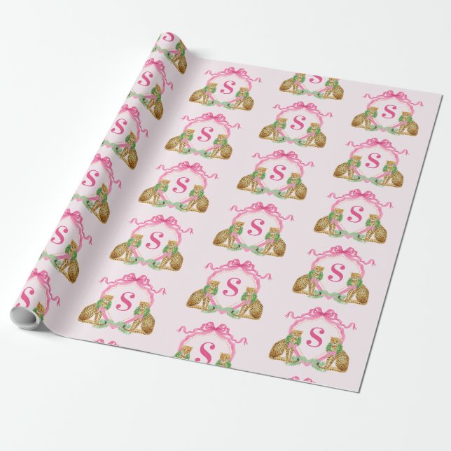 Papel De Presente Grandmillennial Christmas Leopard Monogram (Desenrolado)