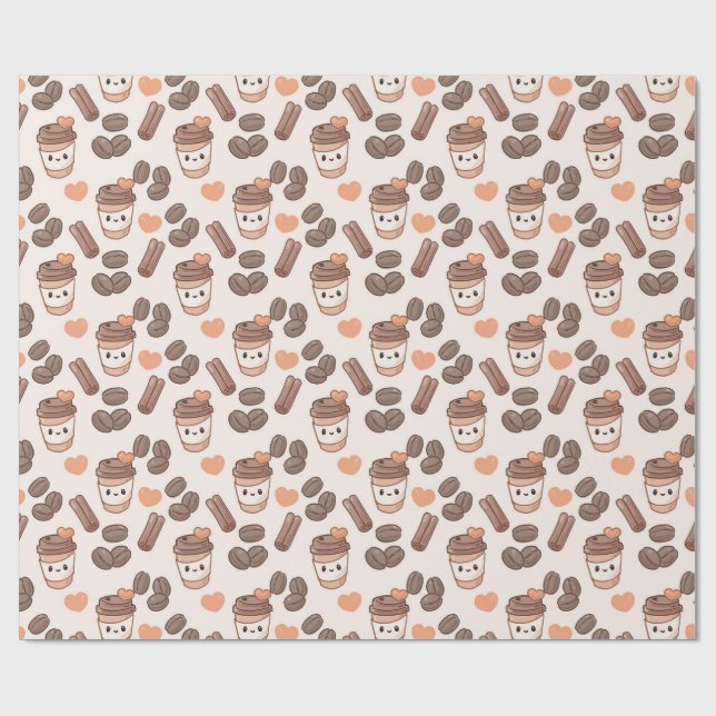 Papel De Presente Grãos de Café e Padrão de Xícaras de Outono Fofo (Aberto)