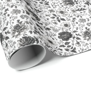 Papel De Presente Gravata Elegante com Padrão Floral Preto e Branco