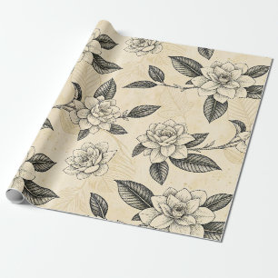 Papel De Presente Gravura em tinta preta de Gardenia antiga