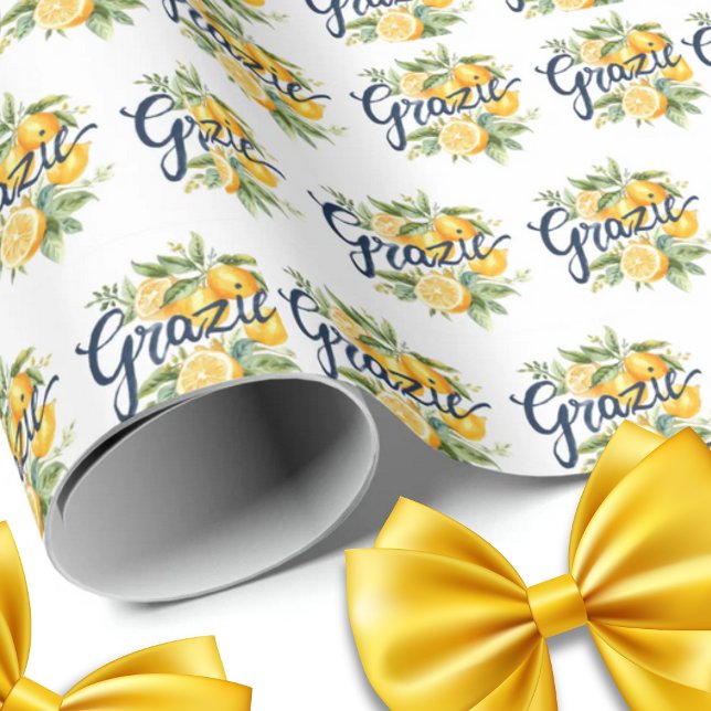 Papel De Presente Grazie Watercolor Lemons Repeat (Grazie Watercolor Lemons repeat Italian Thank You Gift Wrapping Paper)