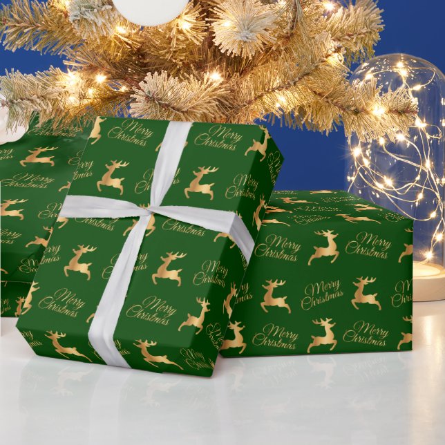 Papel De Presente Green and Gold Christmas Reindeers (Feriados)