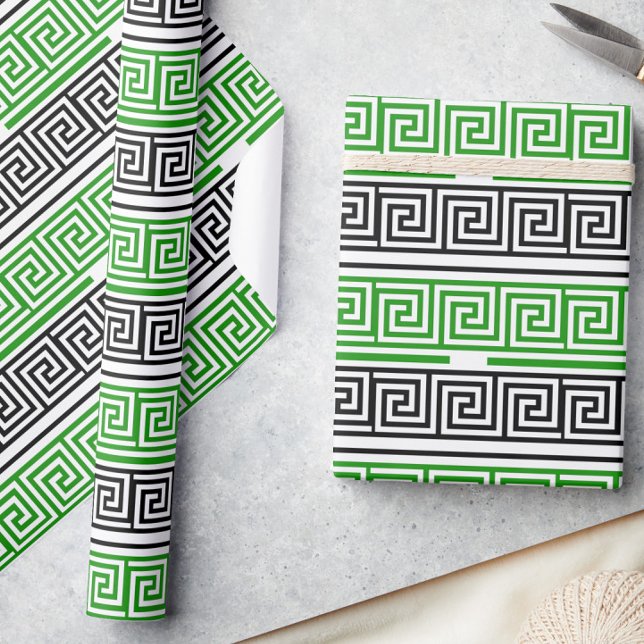 Papel De Presente Green Black White Greek Key Fret Pattern Design  (Criador carregado)