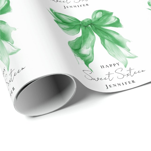 Papel De Presente Green Bow Coquette Script Sweet 16 Party  (Ponta do rolo)