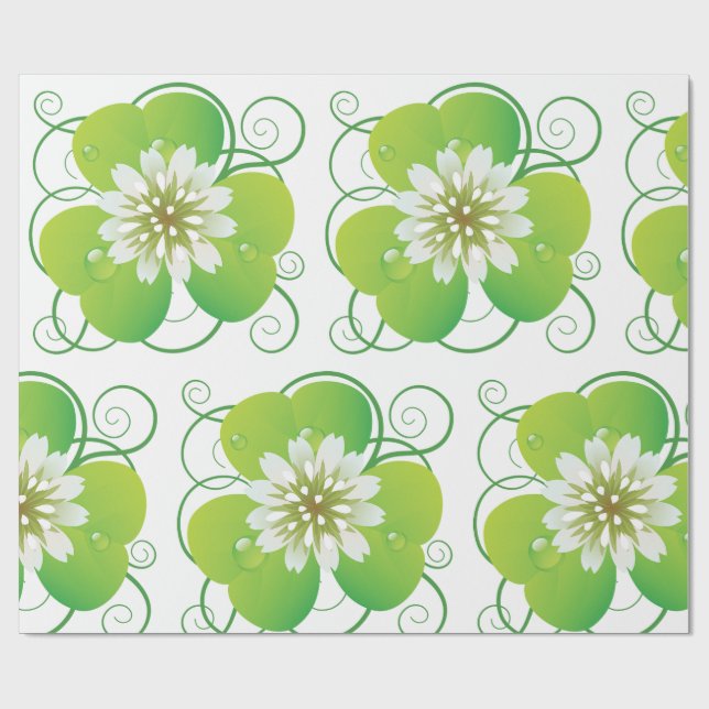 Papel De Presente Green Four Leaf Clover with White Floral Bloom (Aberto)