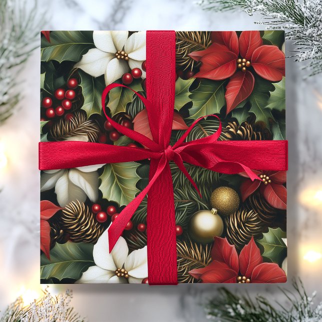 Papel De Presente Green Holly deixa o Red Poinsettia no Natal (Green Holly Leaves Red Poinsettia Flower Christmas Wrapping Paper)