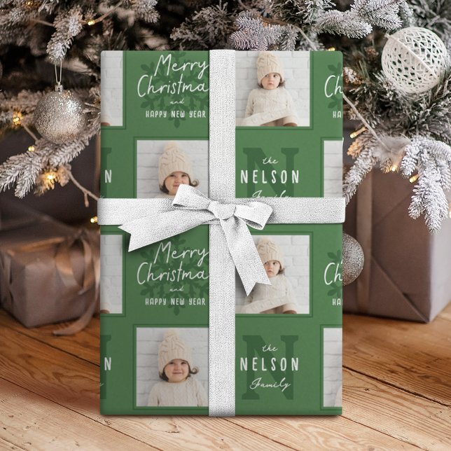 Papel De Presente Green Merry Christmas Calligraphy Family 2 photo (Green Merry Christmas Calligraphy Family 2 photo Wrapping Paper)