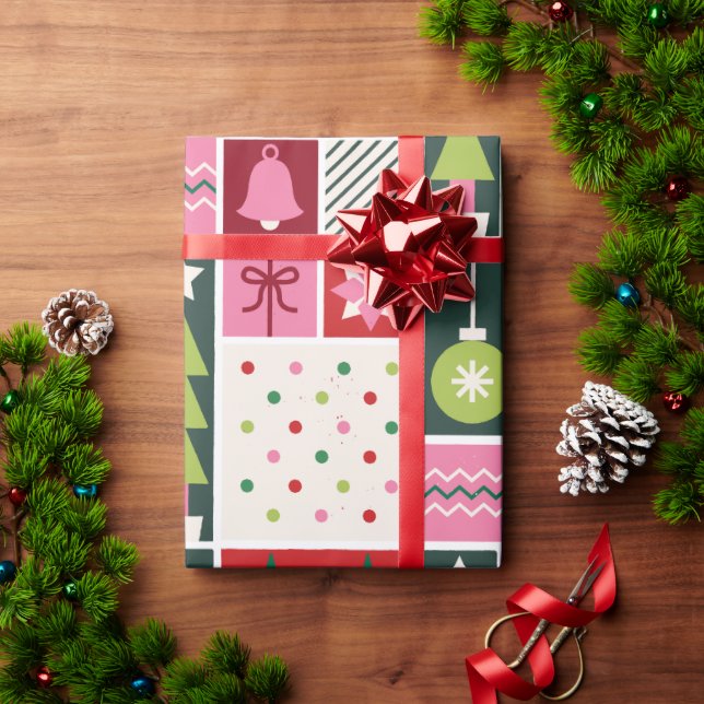 Papel De Presente Green Red Pink Geometric Modern Christmas Wrapping (Presente de Natal)