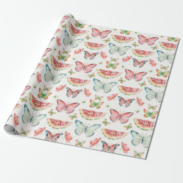 Papel De Presente Green Red Watermelon Blue Butterflies Birthday
