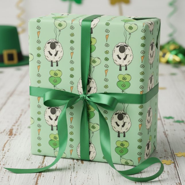 Papel De Presente Green St. Patrick’s Day Sheep & Shamrock Balloons (Happy Saint Patricks Day Gift Wrap. Striped Pattern of Irish Sheep & Green Shamrock Heart Balloons)