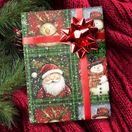 Papel De Presente Green Tartan Papais noeis Snowman Reindeer Natal