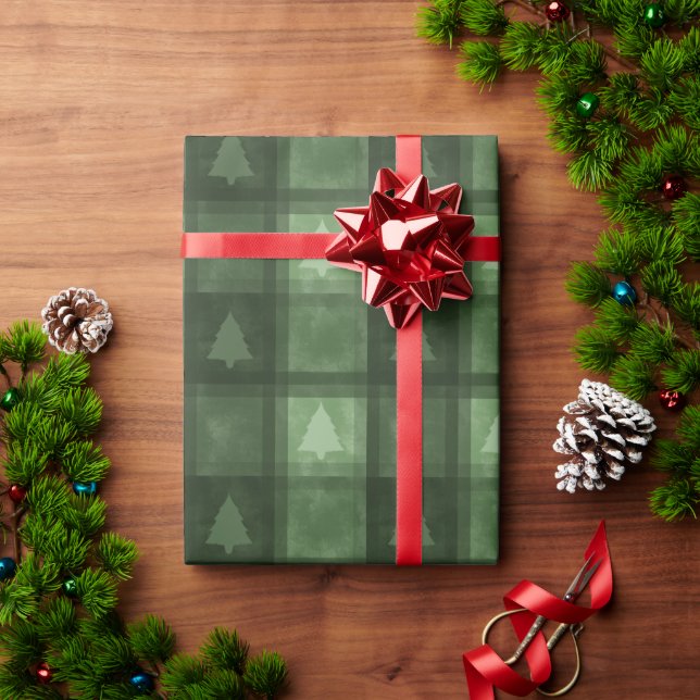 Papel De Presente Green Textured Plaid With Fir Trees Christmas (Presente de Natal)