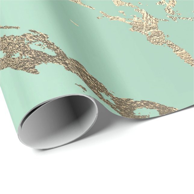 Papel De Presente Greenery Mint Pastel Dourado Marble Shiny Abstrato (Ponta do rolo)