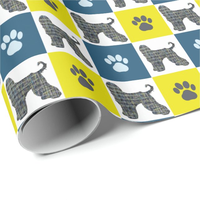 Papel De Presente Grelha de Cachorro e Pata Y&B do Cachorro Afegão (Ponta do rolo)