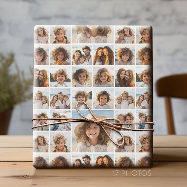 Papel De Presente Grelha de Fotografias Mínima e Modénica com 17 Fot (Custom Photo Collage Wrapping Paper - All Occasion)