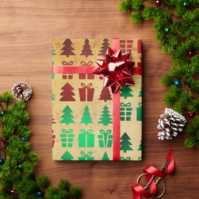 Papel De Presente Grelha Geométrica Minimizada Vermelha e Verde (Presente de Natal)