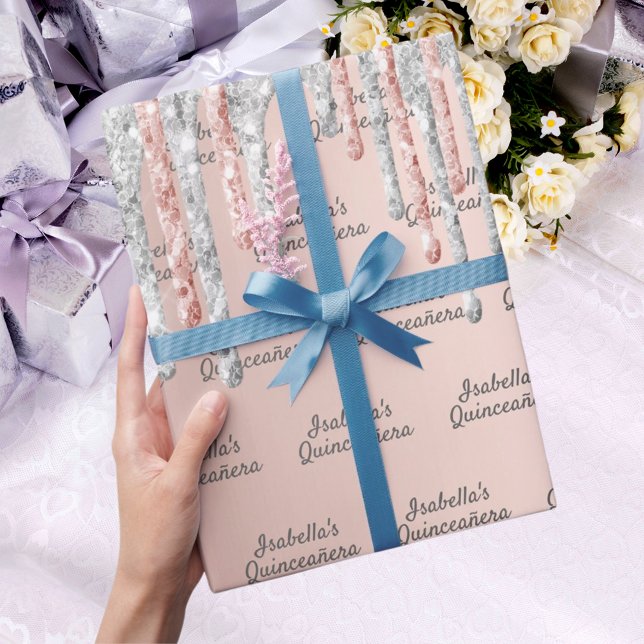 Papel De Presente Grelha prateada de rosa de Quinceanera (Criador carregado)