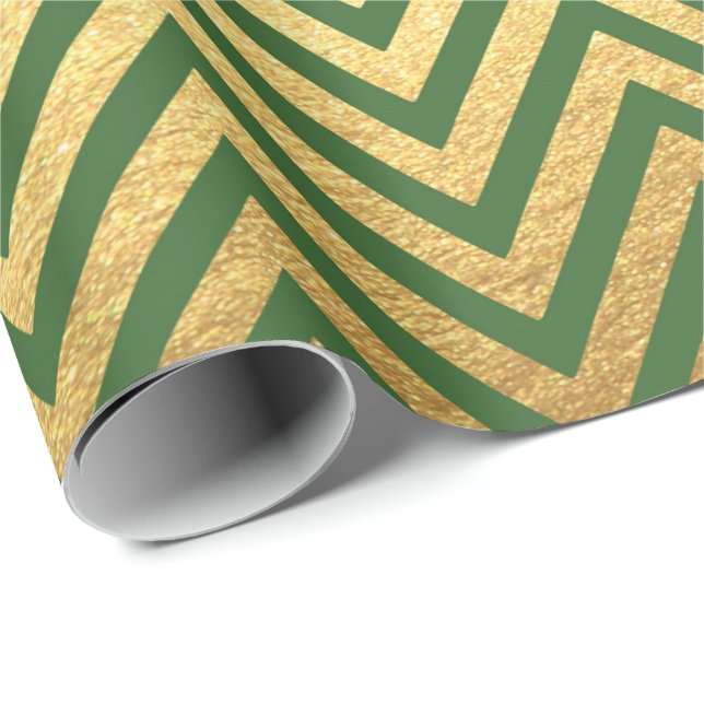 Papel De Presente Grelhas Douradas Verdes Arenques Zig Zag Chevron (Ponta do rolo)