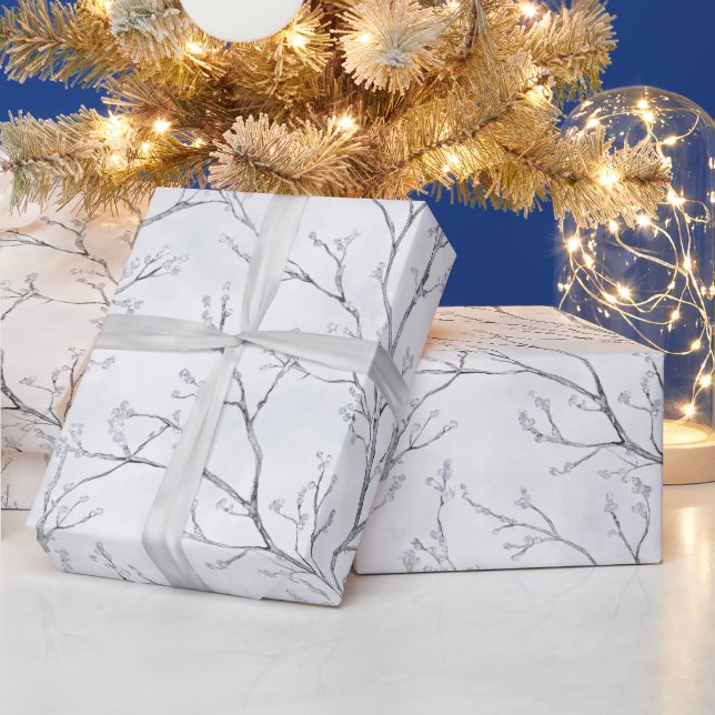 Papel De Presente Grey Silver Winter Trees Christmas (Feriados)