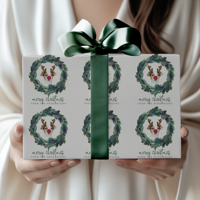 Papel De Presente Grinalda de Natal com Foto e Texto Personalizados  (Criador carregado)