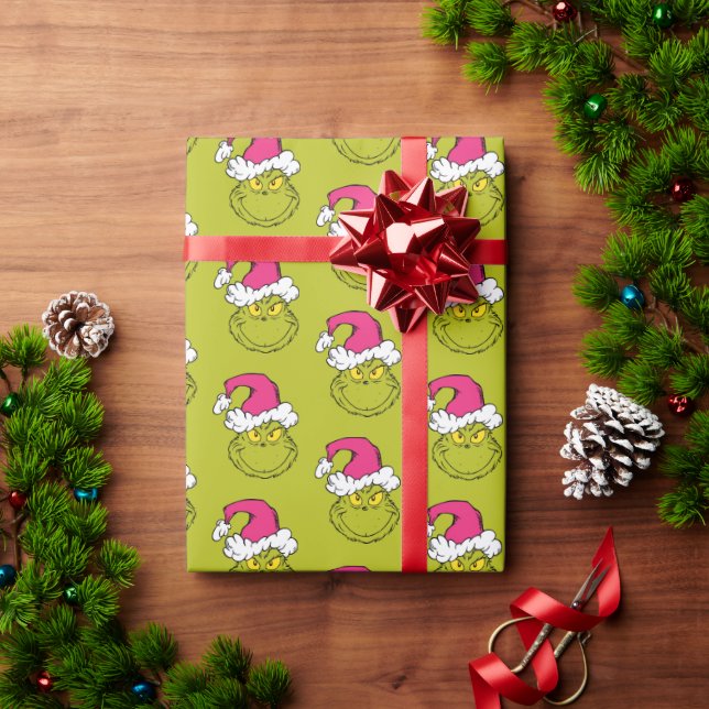 Papel De Presente Grinch de Chapéu de Papai Noel Rosa (Presente de Natal)