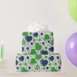 Papel De Presente Gritty Love corações verdes e azuis