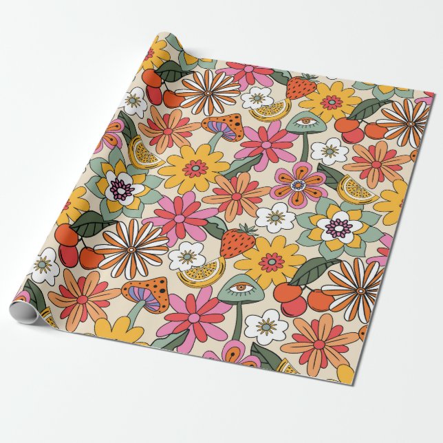 Papel De Presente Groovy 70's, Orange, Pink, & Green Floral (Desenrolado)