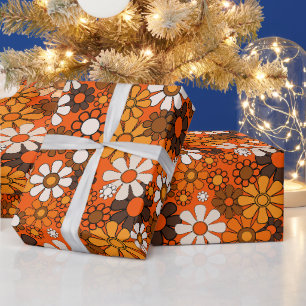 Papel De Presente Groovy 70s - Padrão Retro Floral Laranja e Castanh
