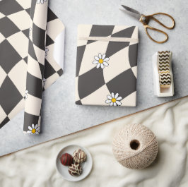Papel De Presente Groovy Daisy Floral Xadrez, Y2K 90s Embrulho