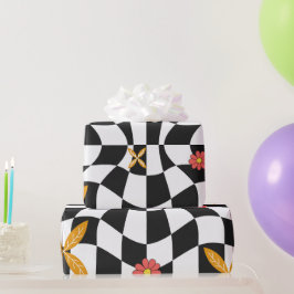 Papel De Presente Groovy Daisy Floral Xadrez, Y2K 90s Embrulho