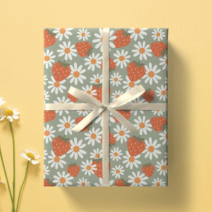 Papel De Presente Groovy Daisy Impressão de Morango Verão Primavera 