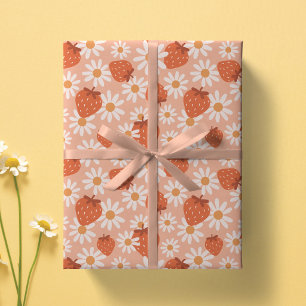 Papel De Presente Groovy Daisy Impressão de Morango Verão Primavera 