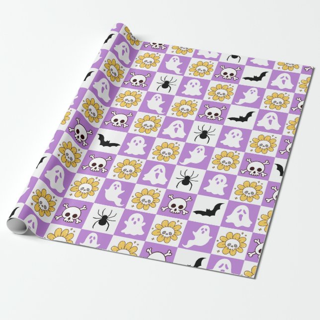 Papel De Presente Groovy Halloween Retro Spooky Design (Desenrolado)