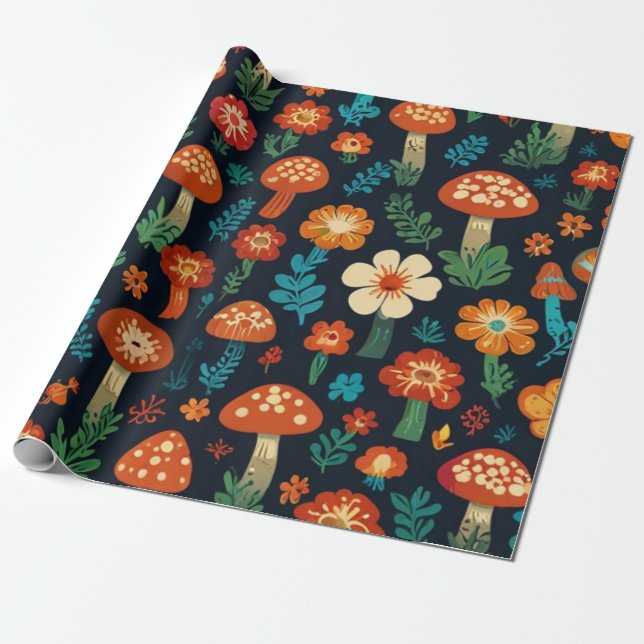 Papel De Presente Groovy Mushroom e Padrão de Flor (Desenrolado)