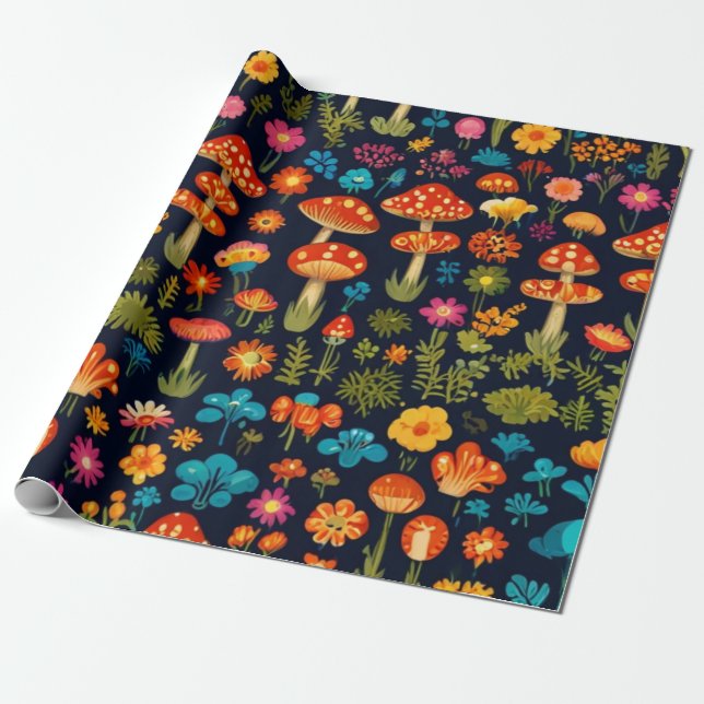 Papel De Presente Groovy Mushroom e Padrão de Flor (Desenrolado)