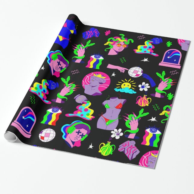 Papel De Presente groovy psicedelic medusa disco negro (Desenrolado)
