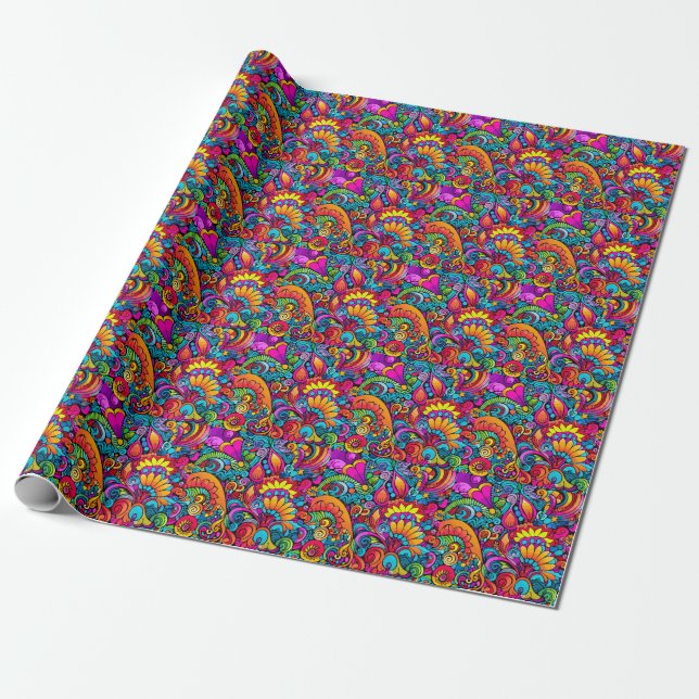 Papel De Presente Groovy Psychedelic Floral (Desenrolado)