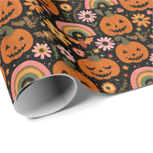 Papel De Presente Groovy Pumpkin e Rainbow Halloween Floral