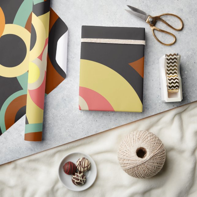 Papel De Presente Groovy Retro círculos padrão Meio século Abstrato (Artesanato)
