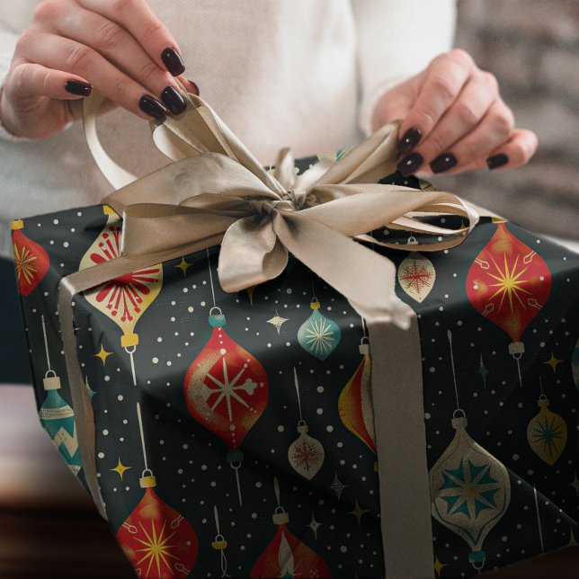 Papel De Presente Groovy Retro Snowy Night Enfeites de natal (Criador carregado)