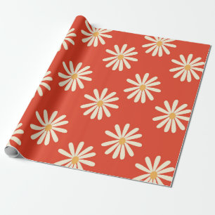 Papel De Presente groovy vintage retro floral vermelho e mostarda da