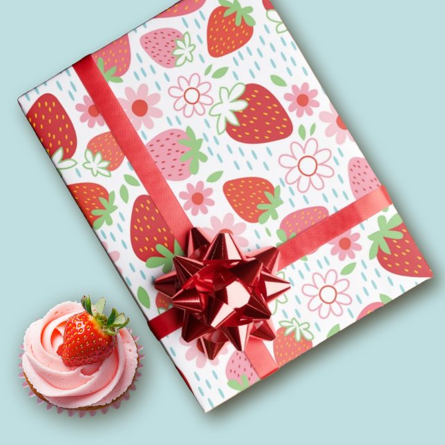 Papel De Presente Groselha de Morango Cute Sweet (Cute berry sweet strawberry pattern birthday wrapping paper.)
