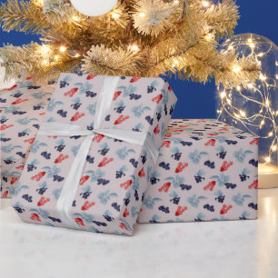 Papel De Presente Groselha Vermelha e Preta, Folhas Azuis em Rosa