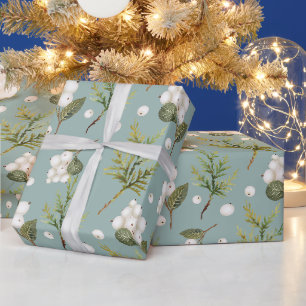 Papel De Presente Groselheira Branca e Ramos de Cedro Verde Pastel
