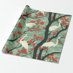 Papel De Presente Grua Japonesa e Flor de Cerejeira - Arte Oriental